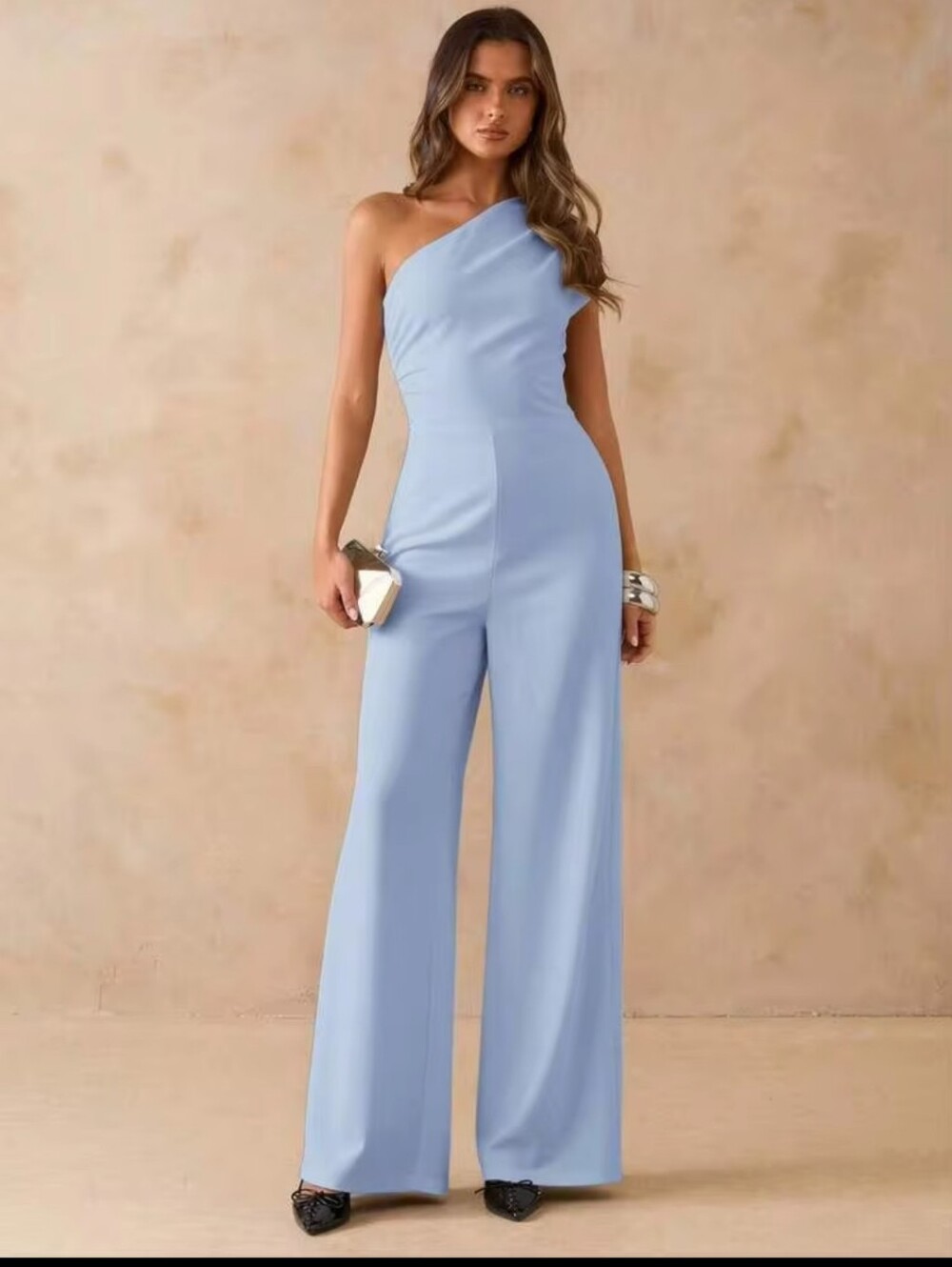 SHEIN One-Shoulder Light Blue Jumpsuit Party Beach Vacation Wear